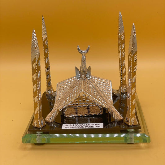 Shah Faisal Mosque Brass Sculpture - Islamic Home Decor | Handcrafted Silver Mosque Replica Art Piece