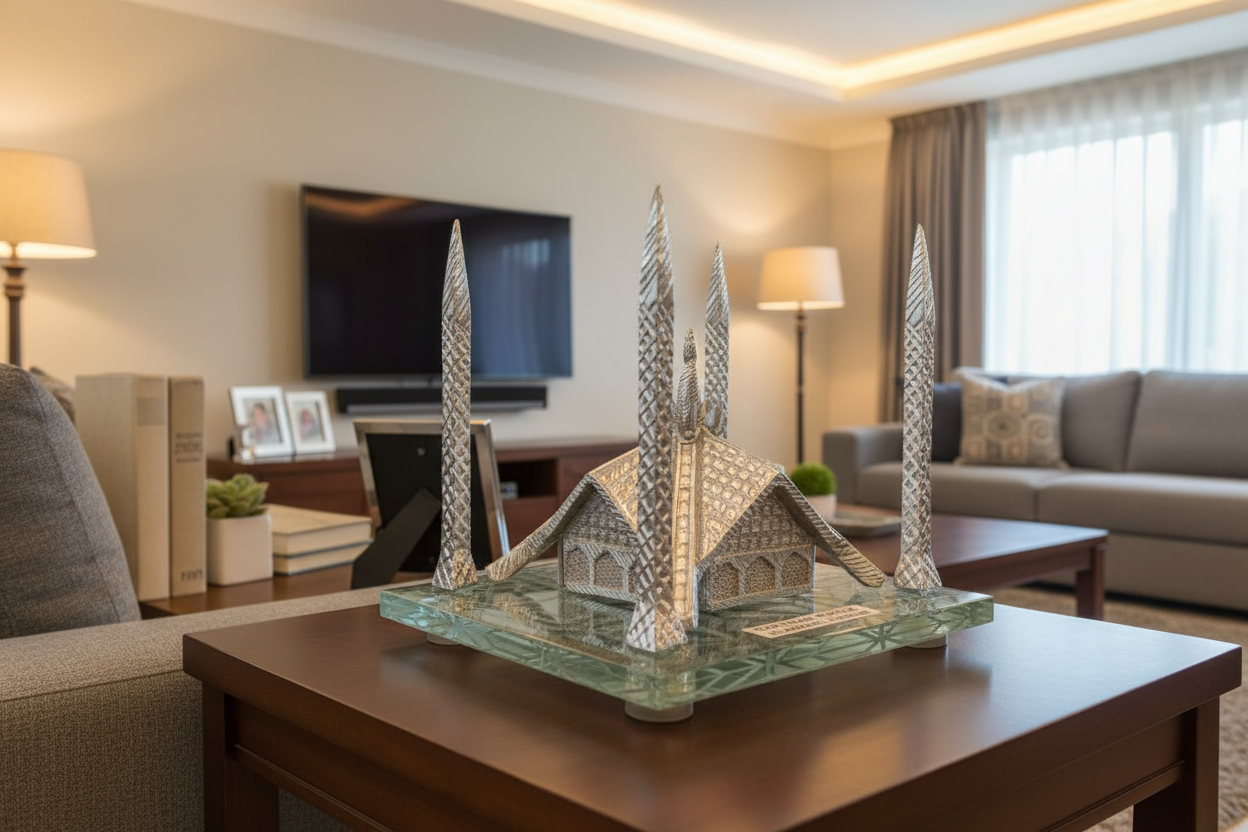 Shah Faisal Mosque Brass Sculpture - Islamic Home Decor | Handcrafted Silver Mosque Replica Art Piece